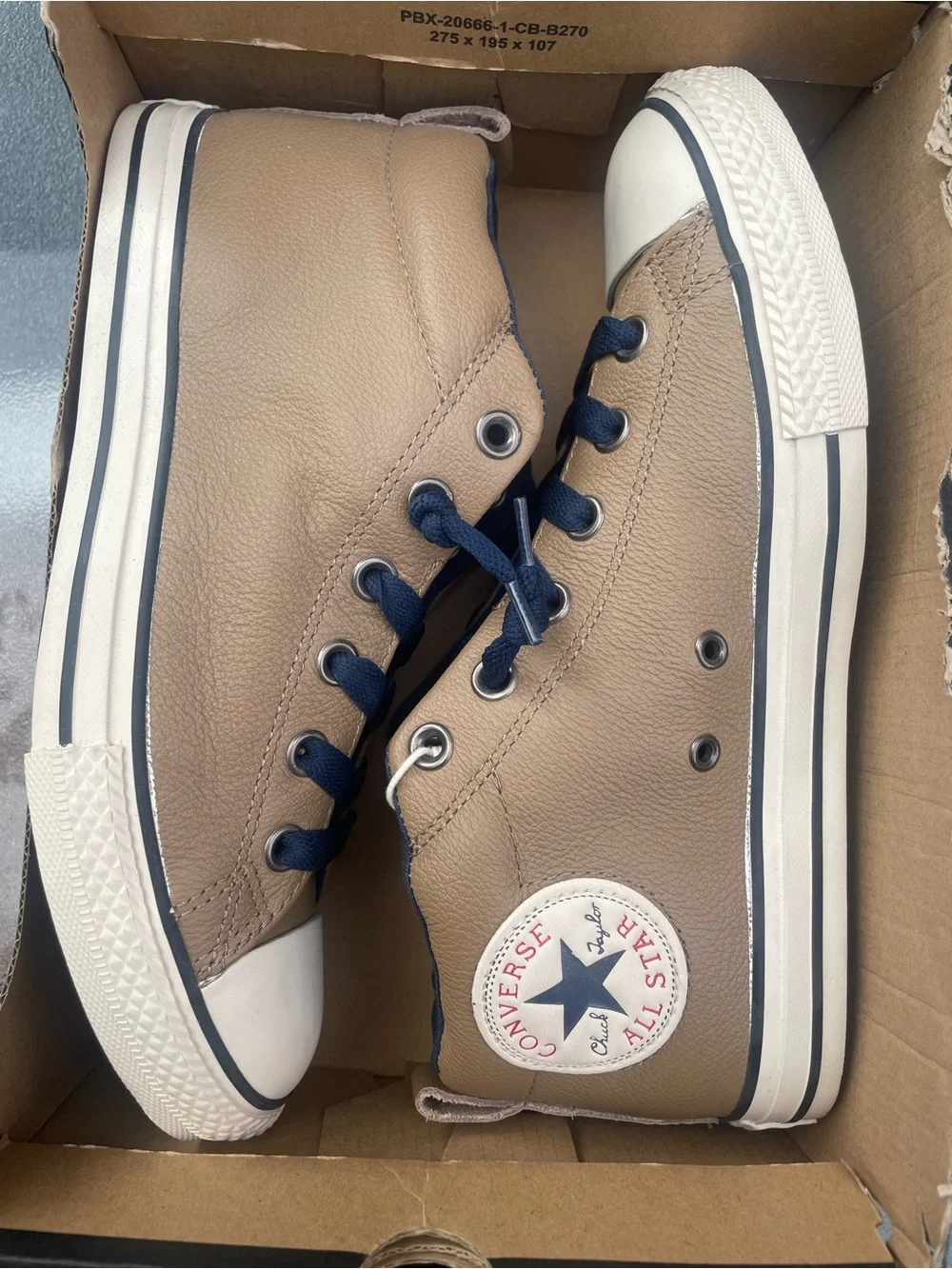 Converse Chuck Taylor Upper Leather Low Top Sneakers in Tan & Navy